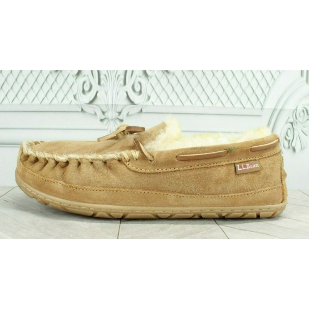LL Bean Brown Suede Wicked Good Shearling Lined Moccasin Slippers Size 7 - Picture 1 of 8